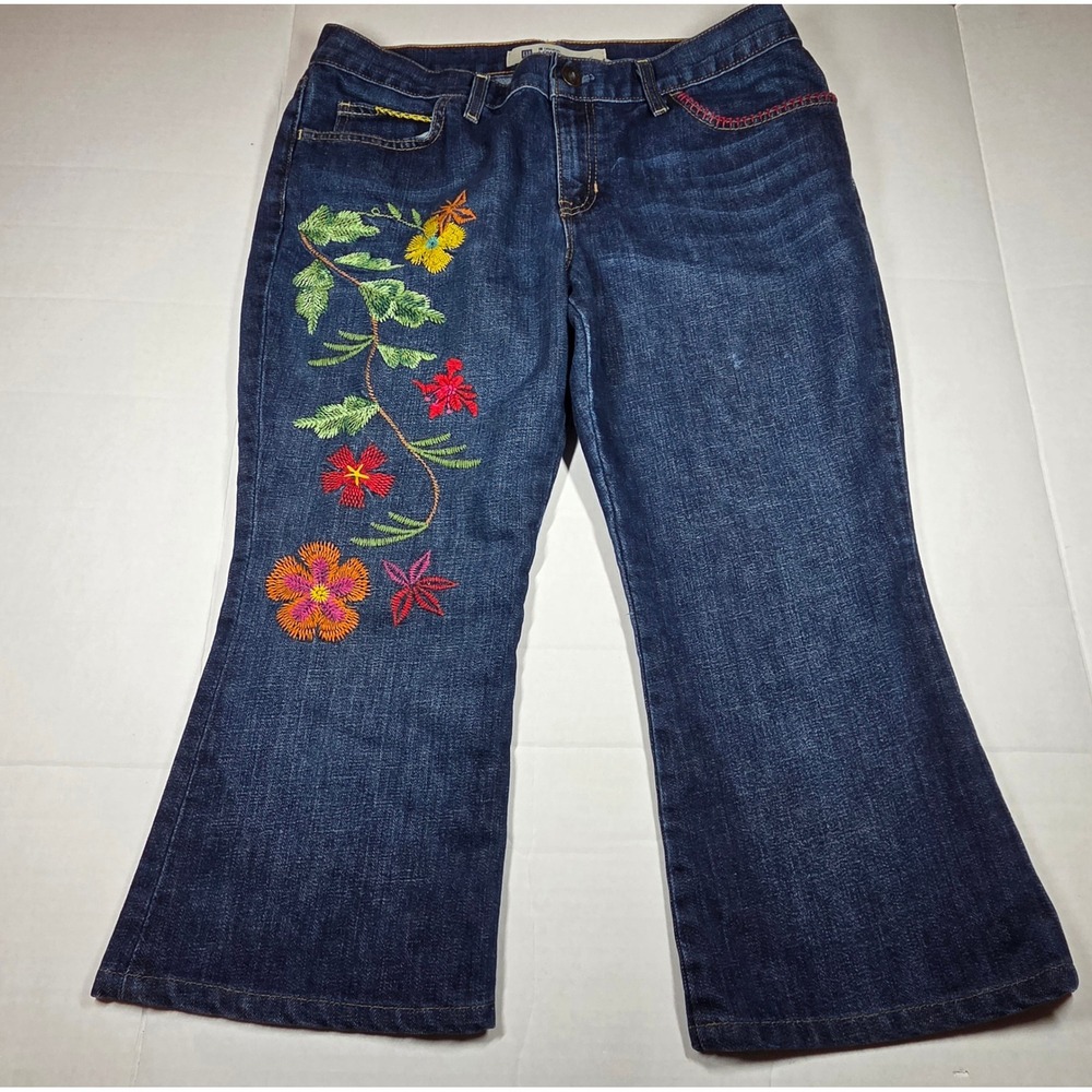 GAP Original Low Rise Flare Jeans Dark Wash Floral Embroidered Womens Size12